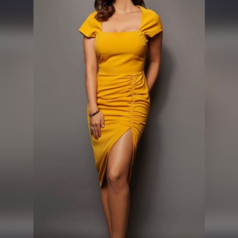 Lavish Alice Mustard Yellow Cap Sleeve Ruched Waist Thigh Slit Dress